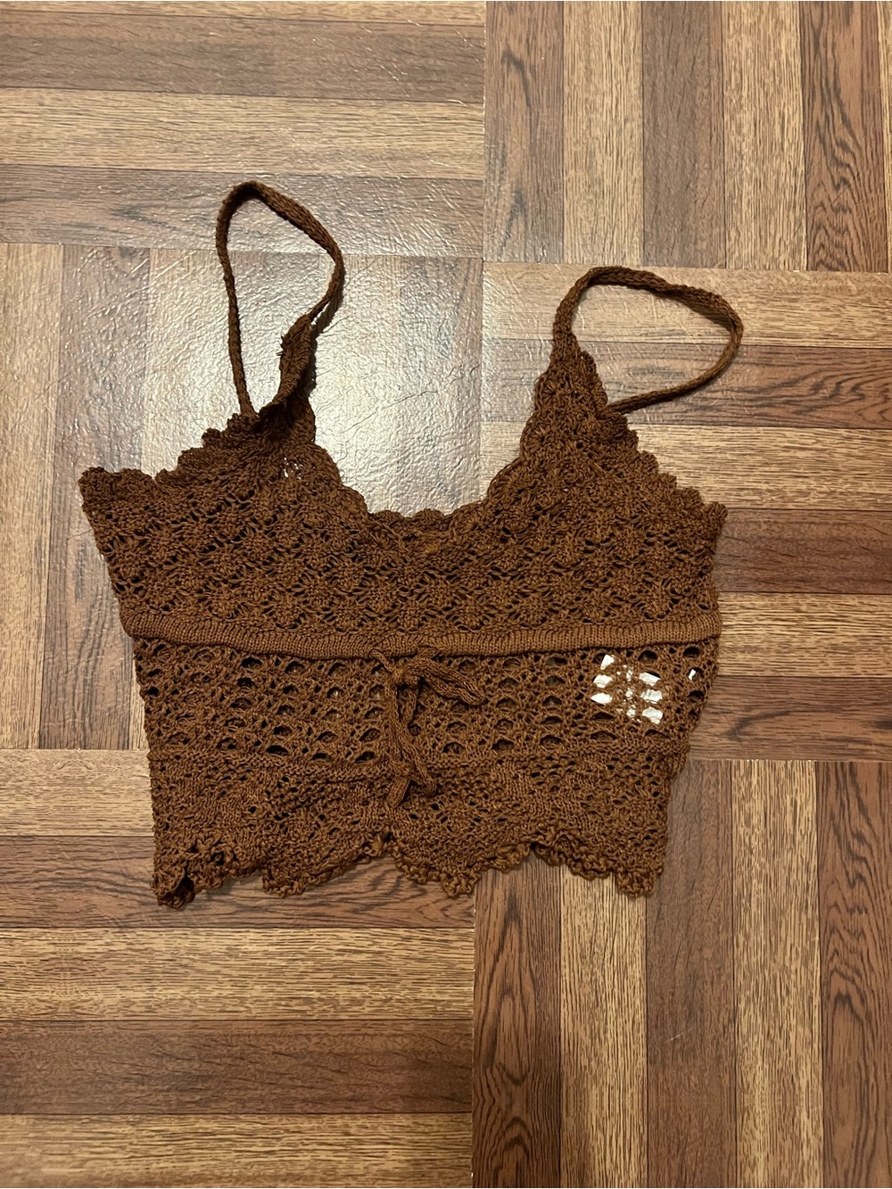 Brown Crochet Tie-Front Crop Top